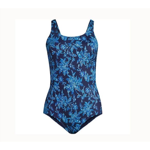 Lands' End Swimsuit 10 D  m navy blue floral leaf Tugless chlorine resistant new - Picture 1 of 1
